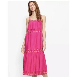 Ann Taylor LOFT Embroidered Linen Blend Tiered Square Neck Midi Dress Womens Med